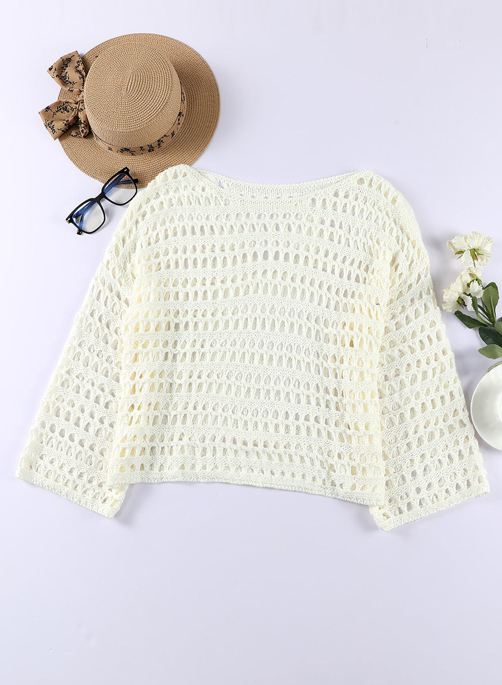 Ocevara Ocevara - White Mesh Knitted Long Sleeve Hollow Sun-proof Round Neck Cover Up - image 5