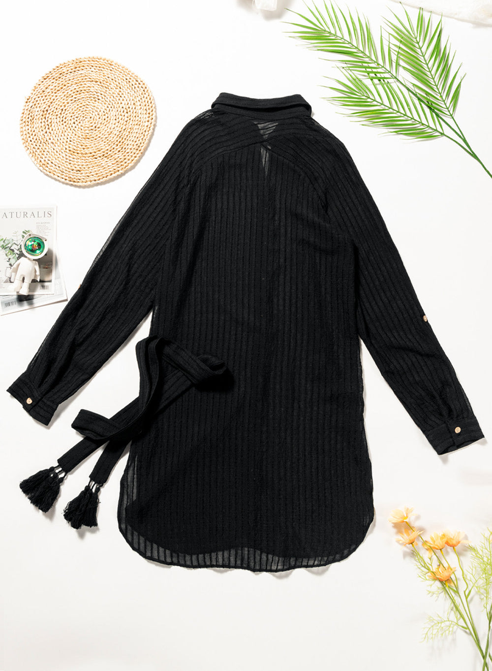 Ocevara Ocevara - Black Solid Color Tie Sun-proof Belt Sexy V Neck Cover Up - image 6