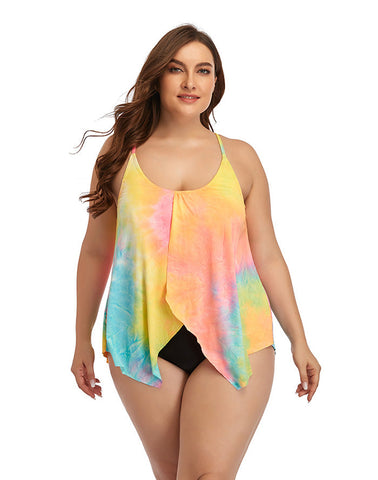 V-Neck Colorful Tie-Dye Plus Size Swimsuit