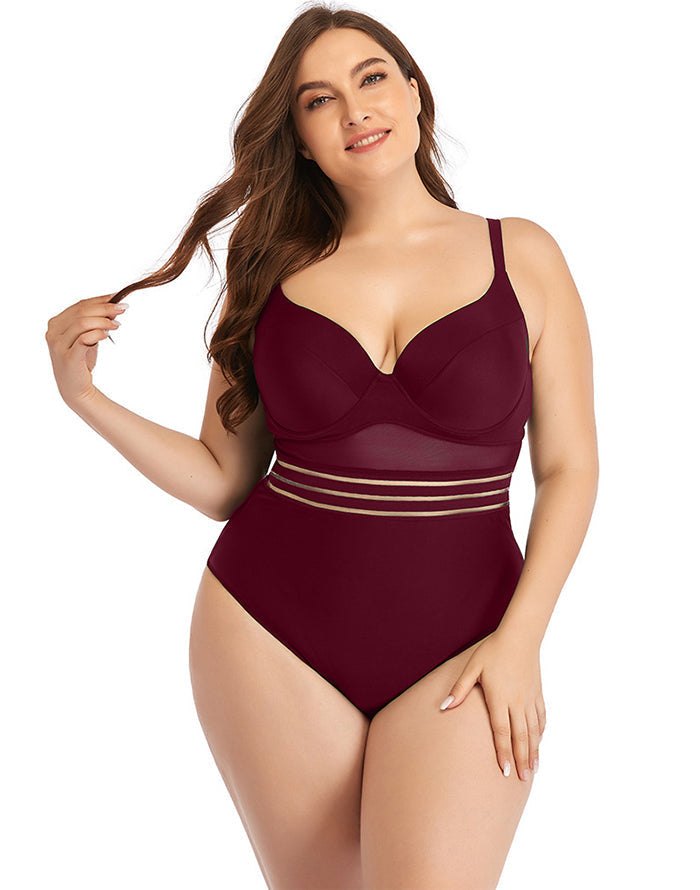 Maroon Sweetheart Neckline Hollow One-Piece Swimsuit Main image