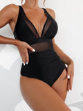 Ocevara - Women Plus Size One Piece Swimsuit V Neck Mesh Sheer Tummy Control Bathing Suit