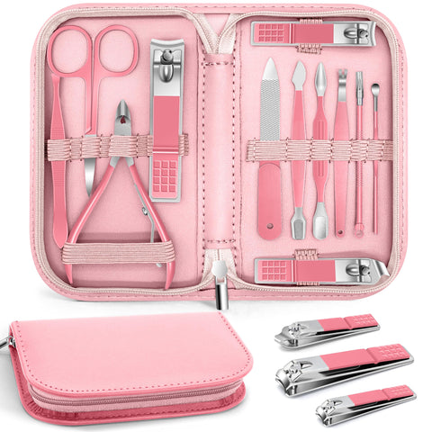 Manicure Pedicure Set, 12 Pcs Nail Care Kit for Women, Mens Nail Grooming Kit, Manicure & Pedicure Tools & Accessories, Pink Nail Kit Manicure Set Luxury Leather Case for Home Salon Use