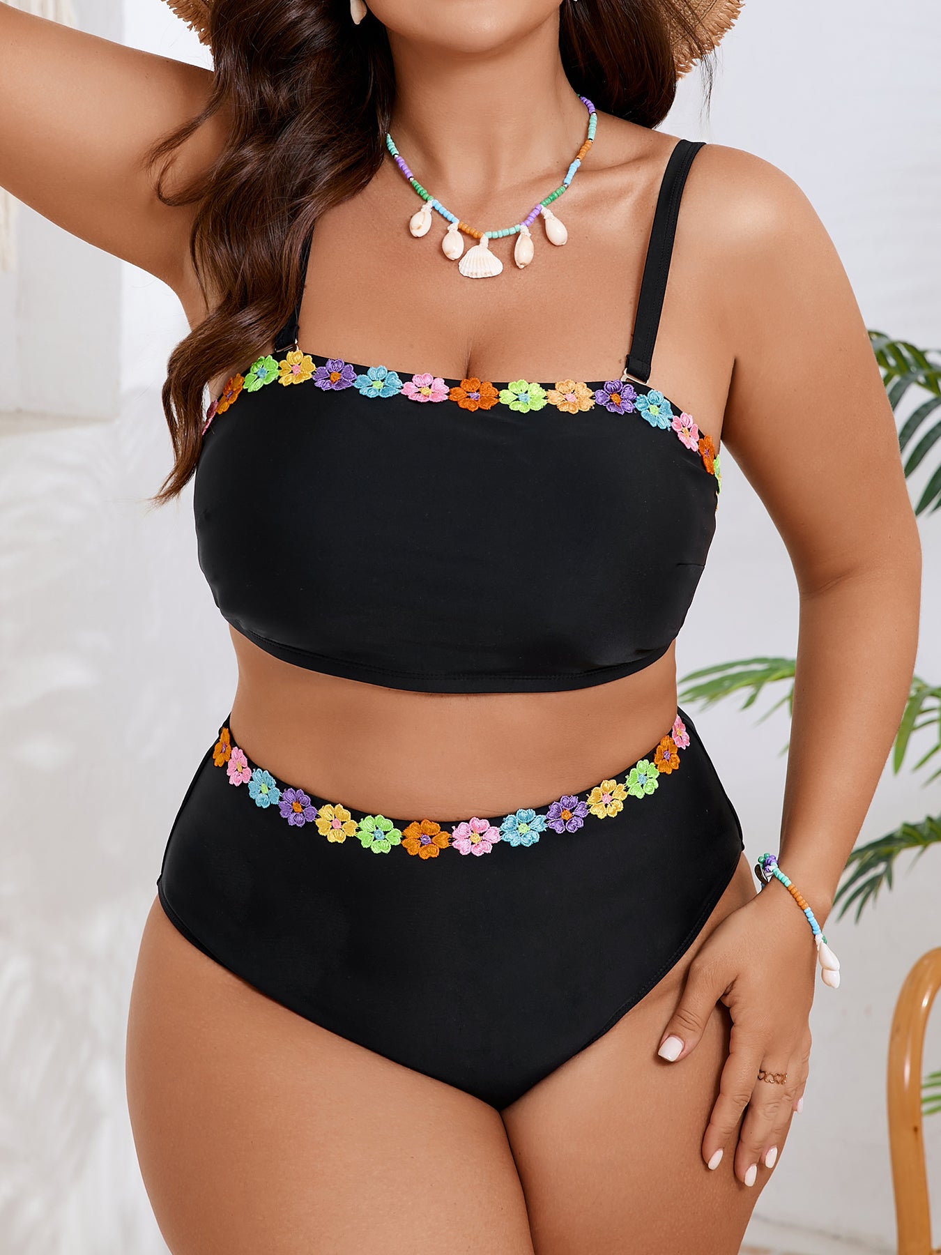 Floral Trim Bandeau Bikini Set