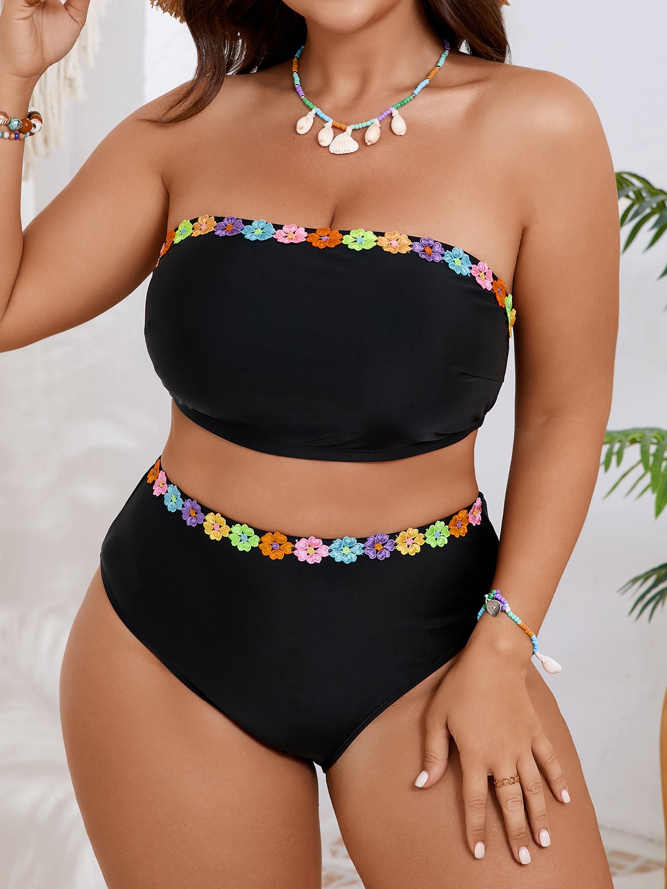Floral Trim Bandeau Bikini Set