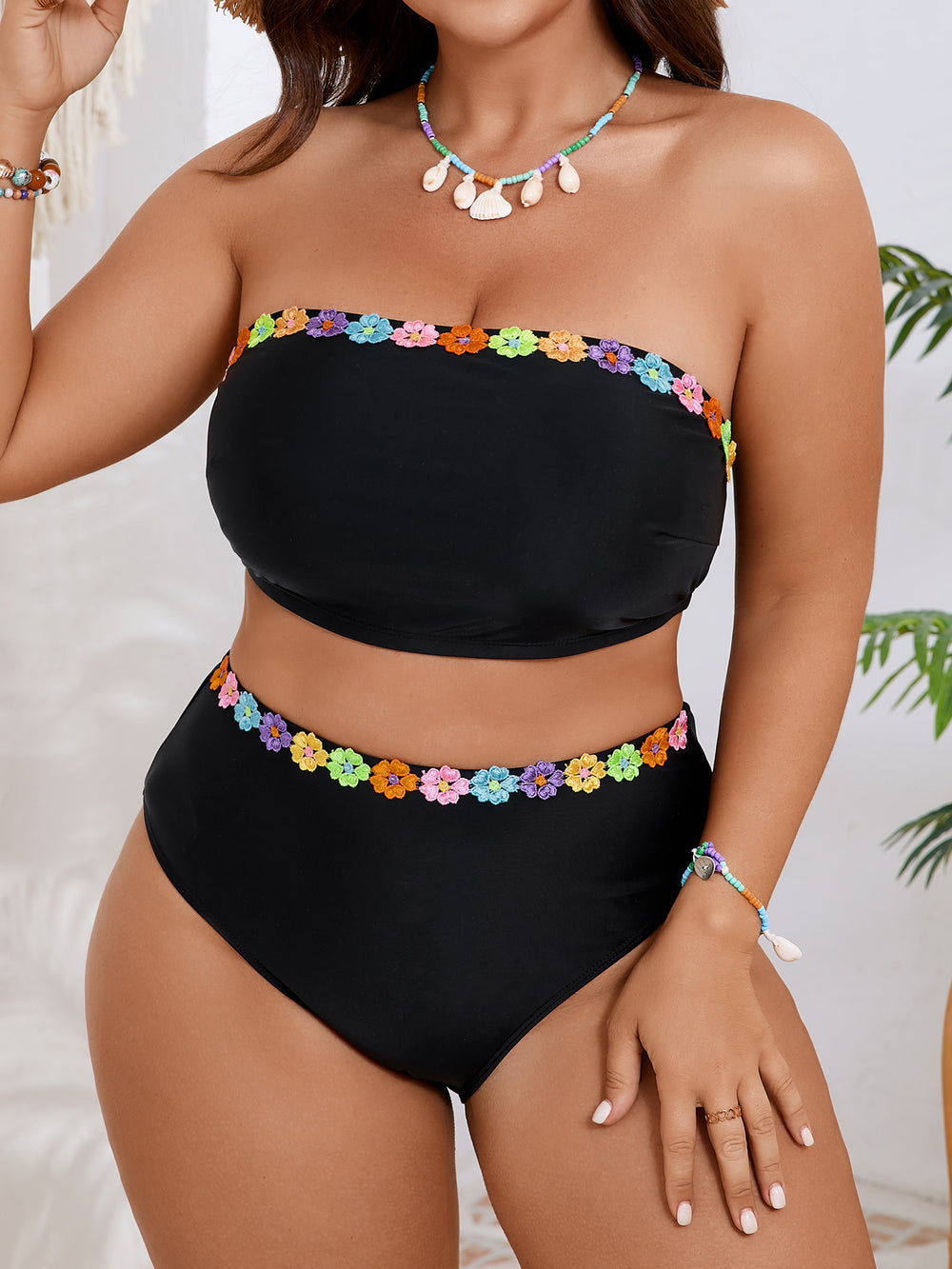 Floral Trim Bandeau Bikini Set