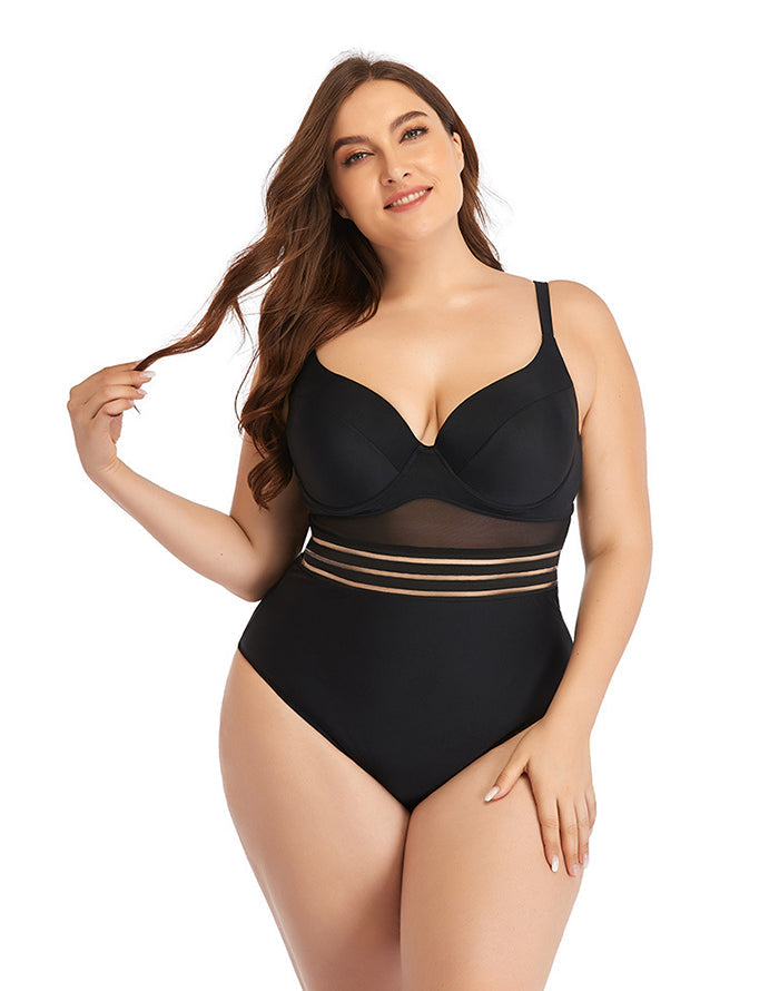 Black Sweetheart Neckline Hollow One-Piece Swimsuit Main image