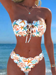 Leaf Print Flounce Halter Tie Front Bikini Set