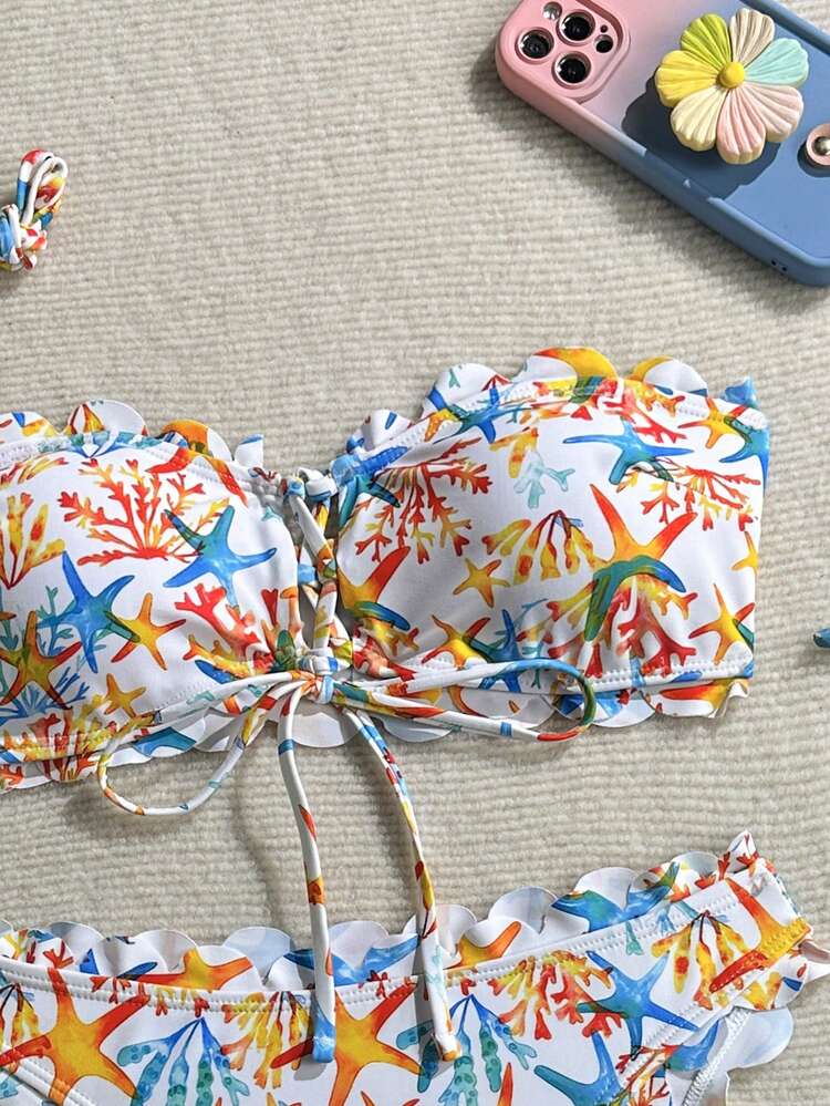 Leaf Print Flounce Halter Tie Front Bikini Set