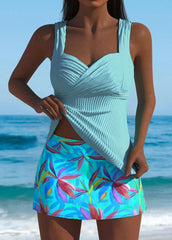 Mid Waisted Leaf Print Cyan Tankini Set