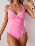 Ocevara - Women's One Piece Swimsuit V Neck Halter Swimwear Twist Front Ruched Tummy Control Bathing Suit