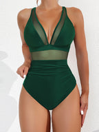 Ocevara - Women Plus Size One Piece Swimsuit V Neck Mesh Sheer Tummy Control Bathing Suit