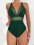 Ocevara - Women Plus Size One Piece Swimsuit V Neck Mesh Sheer Tummy Control Bathing Suit