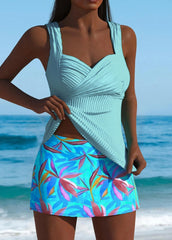 Mid Waisted Leaf Print Cyan Tankini Set