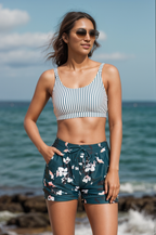 Ocevara - Stripes Square Neck Wide Straps Sporty Bikini Top with Boy Short Set