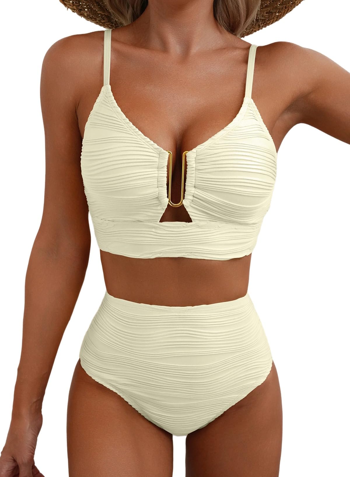Ocevara High-Waisted Tummy Control Bikini Set Textured U-Wire Cutout Swimwear Main image