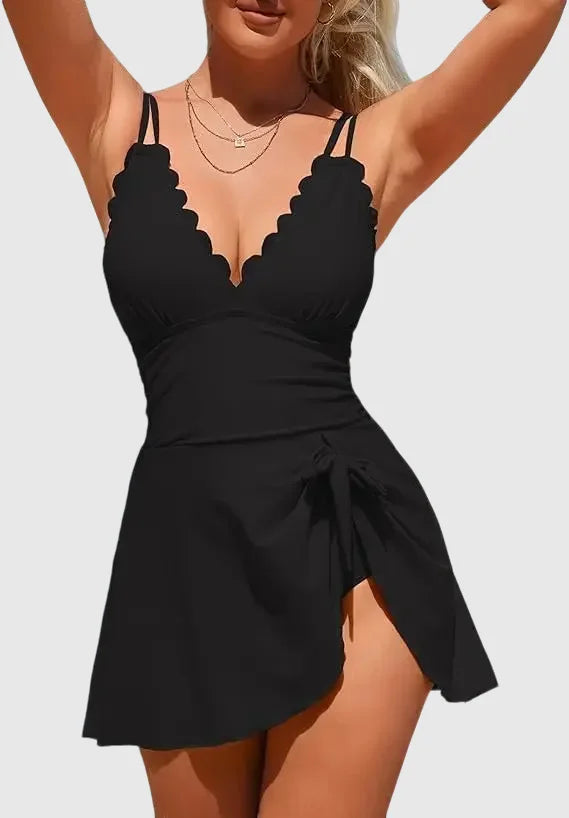One Piece Swimdress Swimsuits for Women Scalloped Tummy Control Swim Dress Tie Knot Skirt Bathing Suit