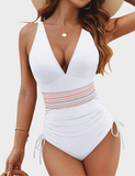 Ocevara - Women Tummy Control Swimsuits One Piece Slimming Modest Bathing Suit Color Block Drawstring Swim Suits