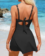 One Piece Swimdress Swimsuits for Women Scalloped Tummy Control Swim Dress Tie Knot Skirt Bathing Suit