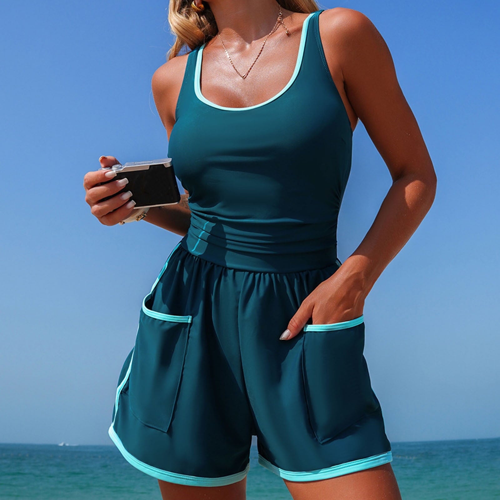 Bathing Suit for Women Tummy Control One Piece Swimsuit Color Block Sporty Surfing Suit Swimwear with Pockets Shorts
