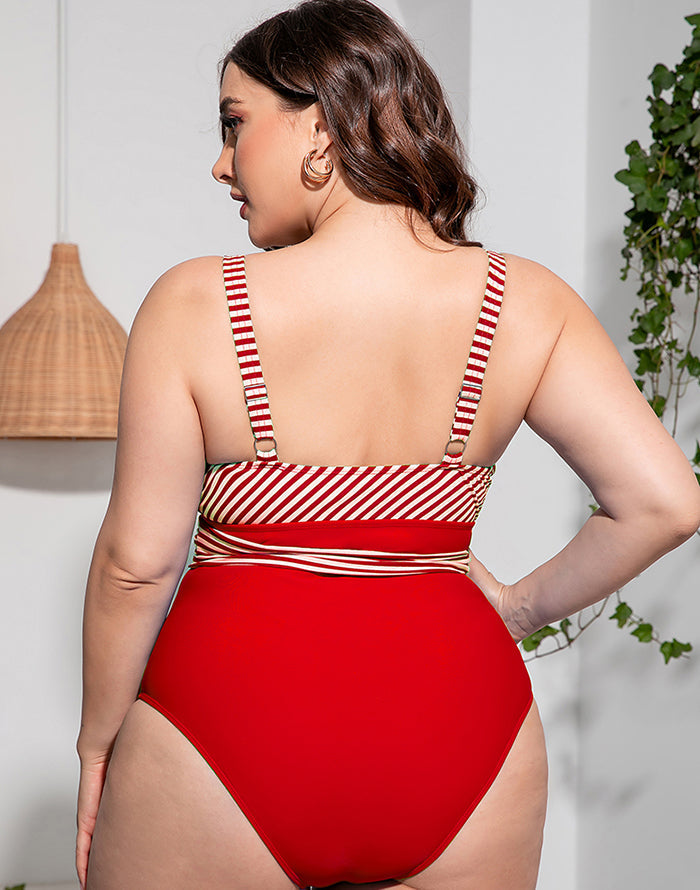 Solid Striped Plus Size One-Piece Swimsuit Secondary image