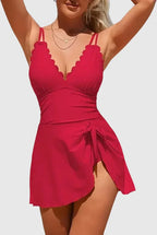 One Piece Swimdress Swimsuits for Women Scalloped Tummy Control Swim Dress Tie Knot Skirt Bathing Suit