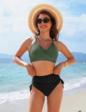 Ocevara - Womens High Waisted Bikini Sets Drawstring Tummy Control Swimsuits Crisscross Tie Back Bathing Suit
