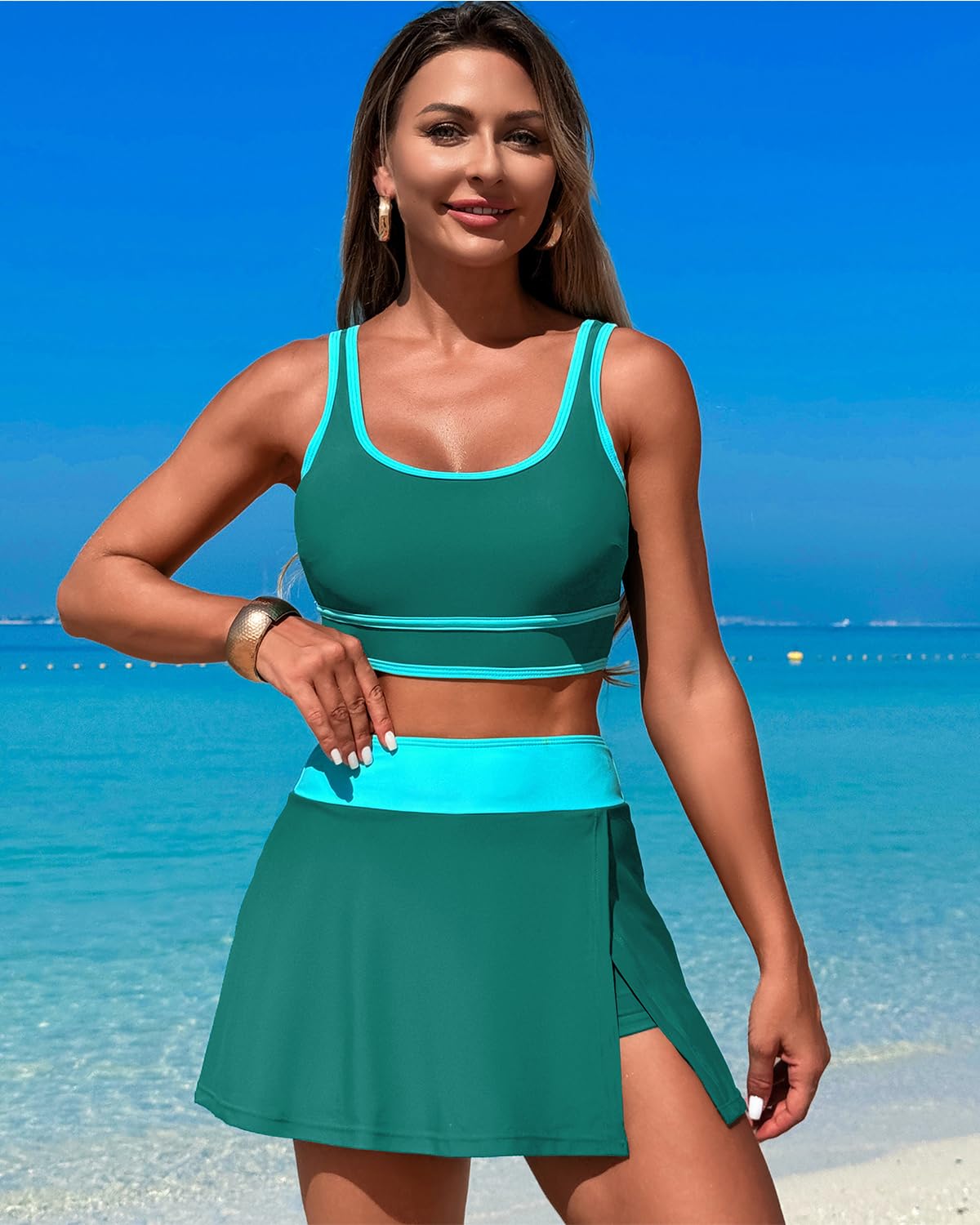 Ocevara - High Waisted Bikini Sets Tummy Control Swim Skirt Two Piece Swim Suit Tummy Control Color Block Bathing Suit