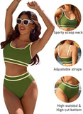Ocevara - Women's High Waisted Bikini Sets Sporty Two Piece Swimsuits Color Block Cheeky High Cut Bathing Suits