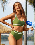 Ocevara - Women's High Waisted Bikini Sets Sporty Two Piece Swimsuits Color Block Cheeky High Cut Bathing Suits