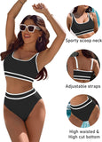 Ocevara - Women's High Waisted Bikini Sets Sporty Two Piece Swimsuits Color Block Cheeky High Cut Bathing Suits
