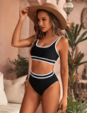 Ocevara - Women's High Waisted Bikini Sets Sporty Two Piece Swimsuits Color Block Cheeky High Cut Bathing Suits