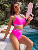 Ocevara - Women's High Waisted Bikini Sets Sporty Two Piece Swimsuits Color Block Cheeky High Cut Bathing Suits
