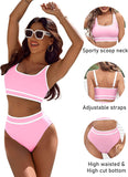 Ocevara - Women's High Waisted Bikini Sets Sporty Two Piece Swimsuits Color Block Cheeky High Cut Bathing Suits