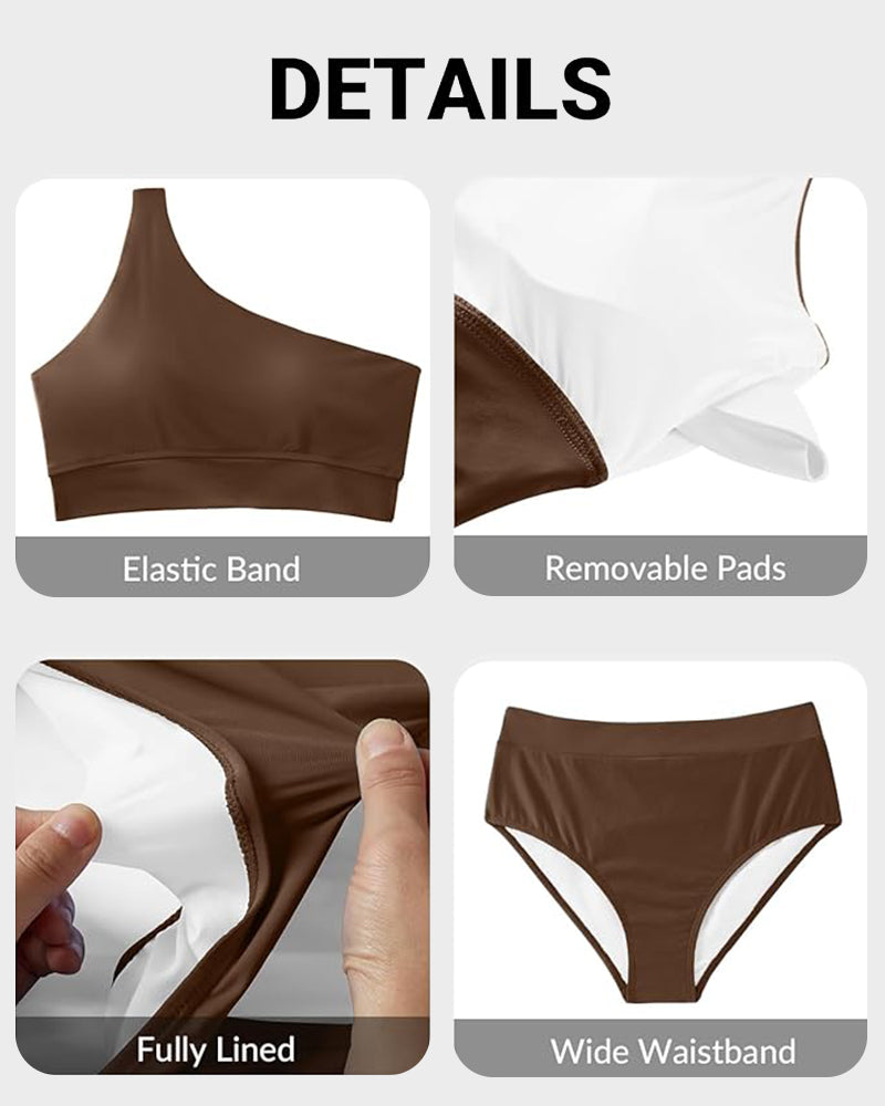 Ocevara - High-Waist One-Shoulder Tummy Control Bikini Set