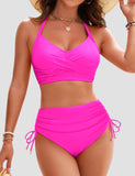 Ocevara - Womens High Waisted Bikini Sets Drawstring Tummy Control Swimsuits Crisscross Tie Back Bathing Suit