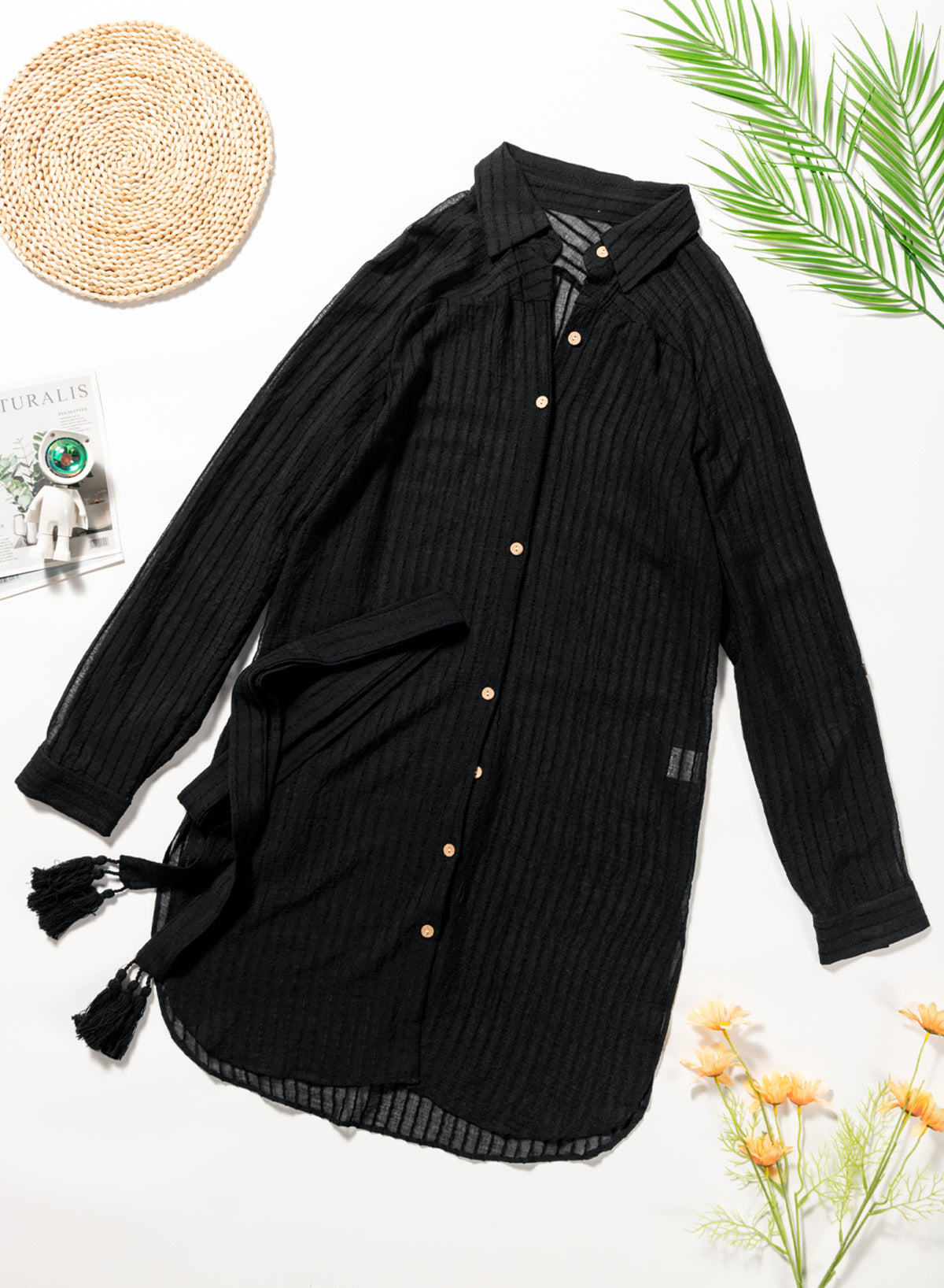 Ocevara - Black Solid Color Tie Sun-proof Belt Sexy V Neck Cover Up