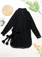 Ocevara - Black Solid Color Tie Sun-proof Belt Sexy V Neck Cover Up