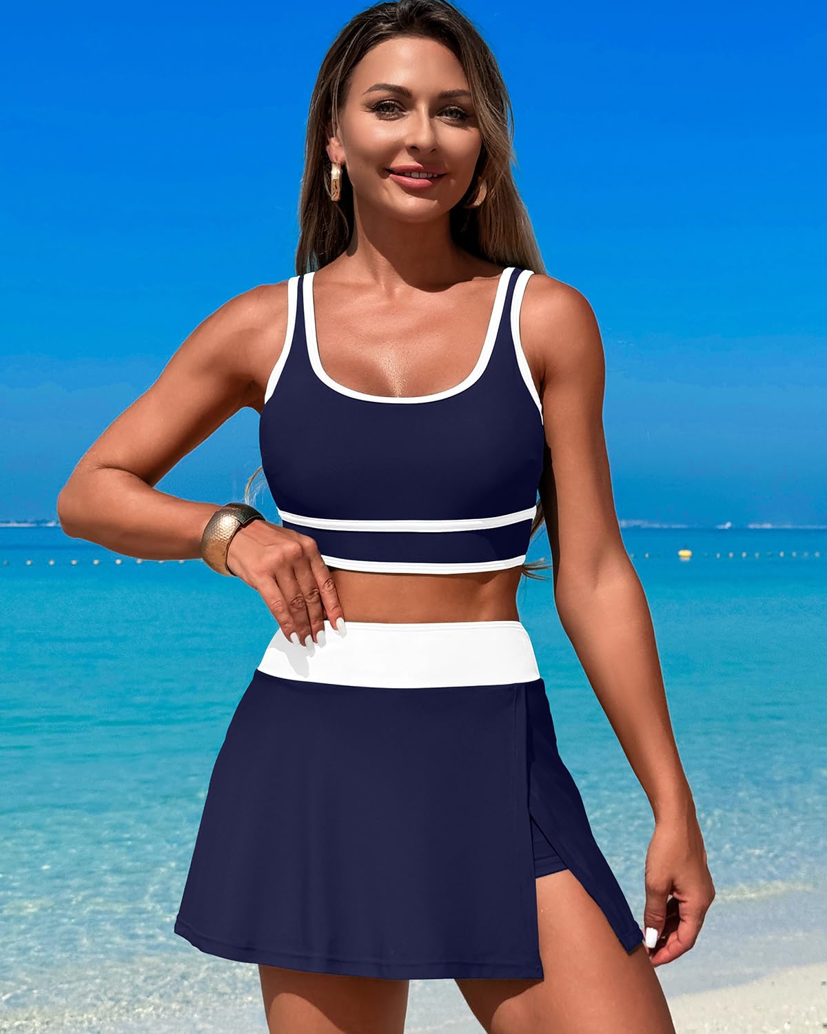 Ocevara - High Waisted Bikini Sets Tummy Control Swim Skirt Two Piece Swim Suit Tummy Control Color Block Bathing Suit