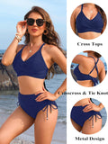 Ocevara - Womens High Waisted Bikini Sets Drawstring Tummy Control Swimsuits Crisscross Tie Back Bathing Suit