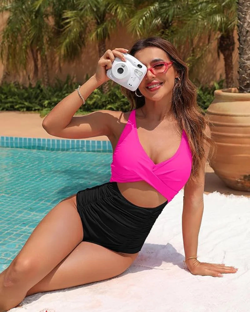 Ocevara - Womens One Piece Swimsuits Push Up Tummy Control Bathing Suits V Neck Cutout Modest Swimwear