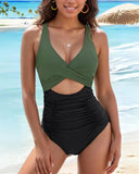 Ocevara - Womens One Piece Swimsuits Push Up Tummy Control Bathing Suits V Neck Cutout Modest Swimwear