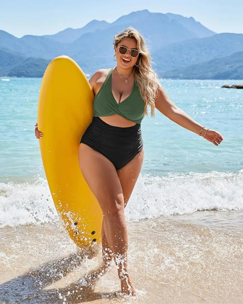 Ocevara - Womens One Piece Swimsuits Push Up Tummy Control Bathing Suits V Neck Cutout Modest Swimwear