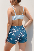Stripes Square Neck Wide Straps Sporty Bikini Top with Boy Short Set