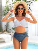 Ocevara - Womens High Waisted Bikini Sets Drawstring Tummy Control Swimsuits Crisscross Tie Back Bathing Suit
