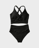 Ocevara - Textured Knot-Front High-Waisted Bikini Set