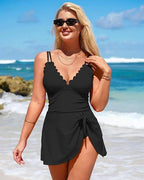 One Piece Swimdress Swimsuits for Women Scalloped Tummy Control Swim Dress Tie Knot Skirt Bathing Suit