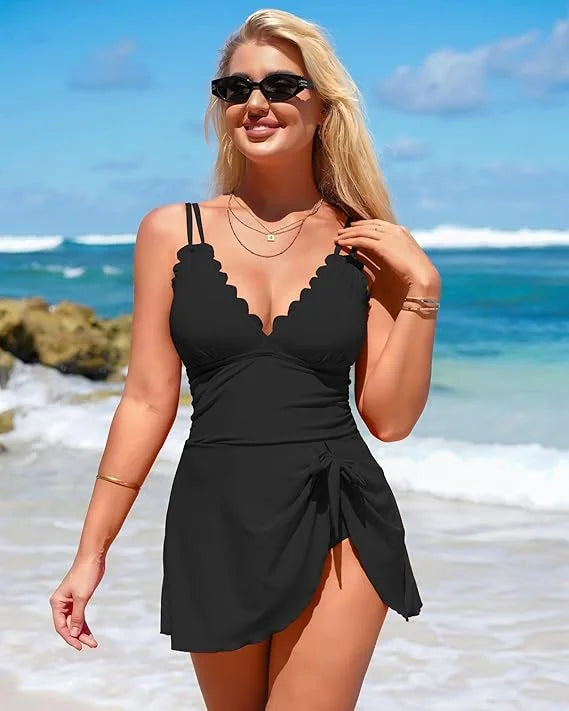 One Piece Swimdress Swimsuits for Women Scalloped Tummy Control Swim Dress Tie Knot Skirt Bathing Suit