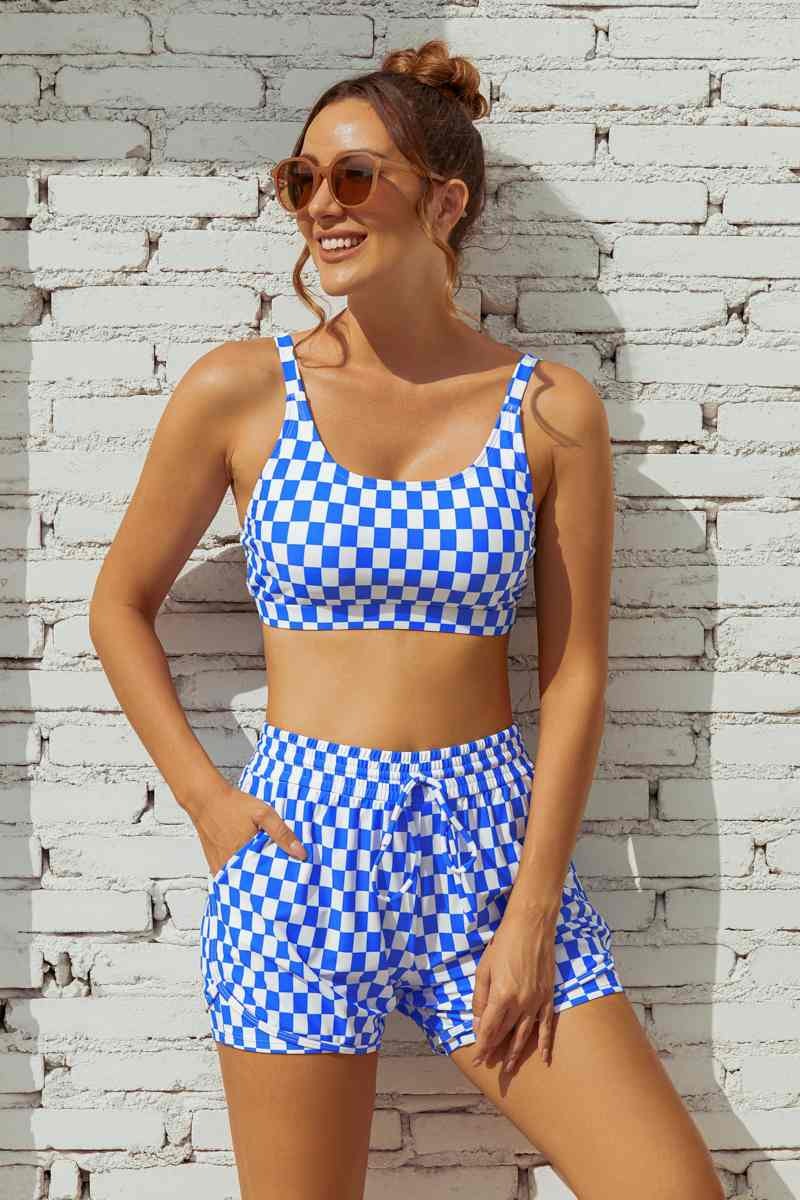 Blue & White Square Lattice Square Neck Wide Straps Sporty Bikini Top And High-Waist Boy Shorts
