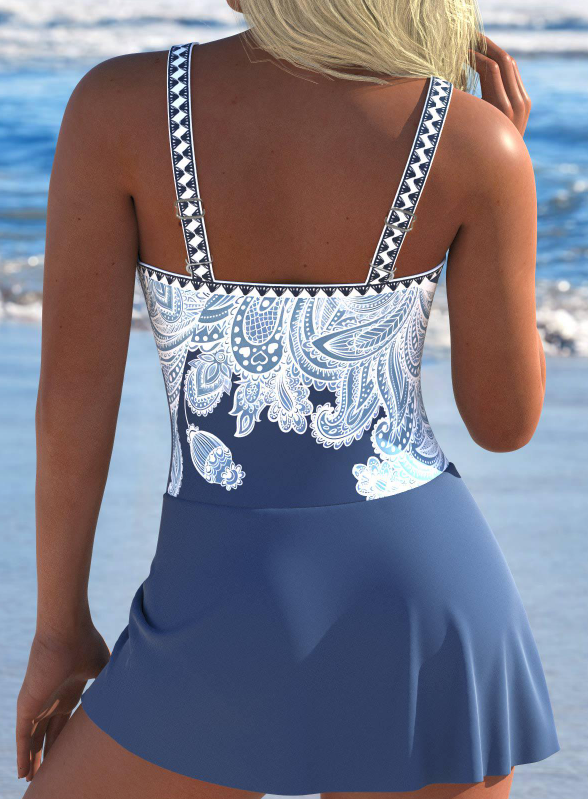 Bowknot Dusty Blue Paisley Print One Piece Swimdress