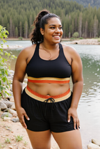 Black U Neck Striped Cross Over Sporty Bikini Top And High-Waist Boy Shorts